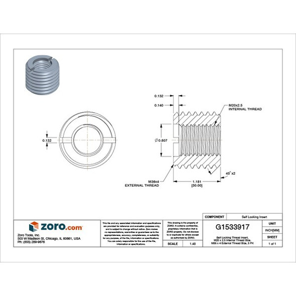 E-Z Lok Heavy Wall Self Locking Thread Insert, M20-2.50 Int Thrd Sz, Carbon Steel, 5 PK 450-20-PK5