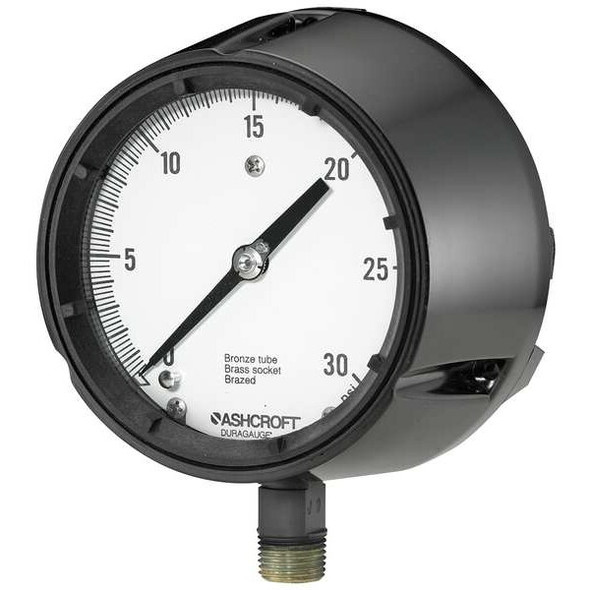Process Pressure Gauge, 0 to 30 psi, 4 1/2 in Dial, 1/2 in NPT, Bottom Location