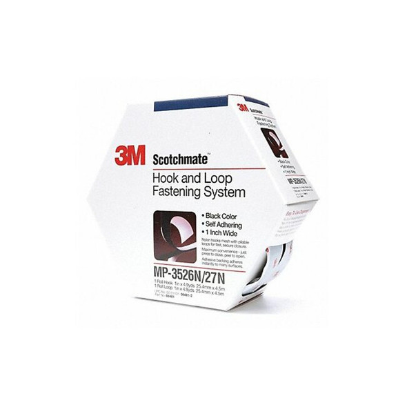 3m Reclosable Fastener, Rubber Adhesive, 15 ft, 1 in W, Black MP3526N/MP3527N