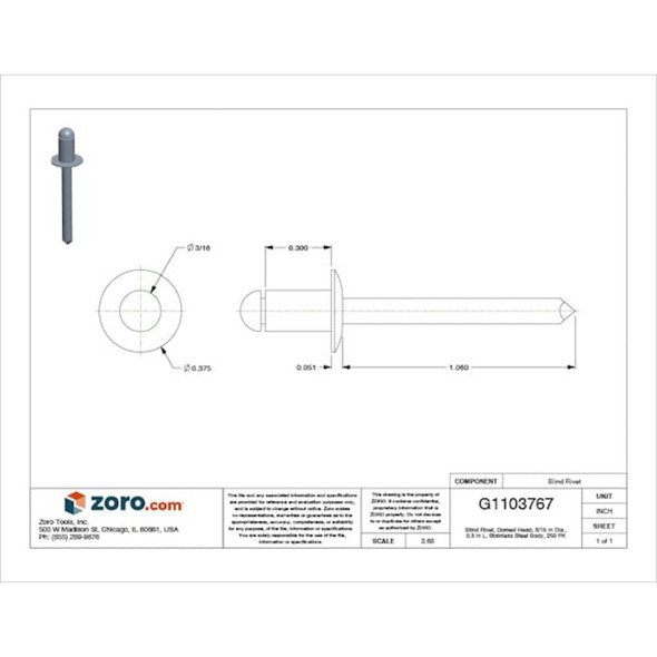 Blind Rivet, Dome Head, 3-16 in Dia., 19-64 in L, Stainless Steel Body, 250 PK  SSD62SSBS200