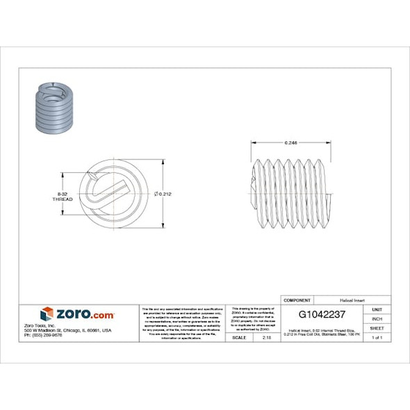 Tanged Helical Insert, Free-Running, #8-32 Thrd Sz, 18-8 Stainless Steel, 100 PK