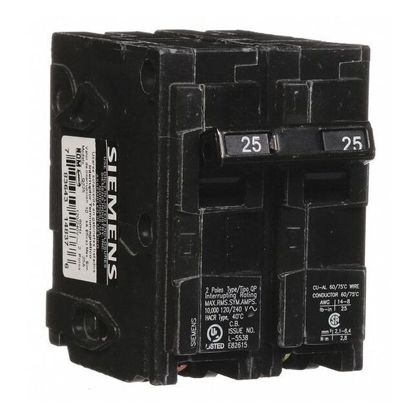 Miniature Circuit Breaker, Q Series, 25A, 2 Pole, 120/240V AC, 10kA at 120V AC