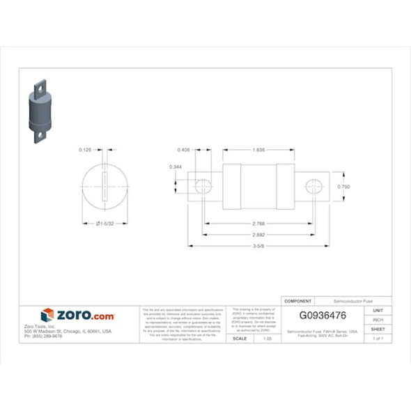 Eaton Bussmann Semiconductor Fuse, 125A, Fast-Acting, 500V AC, Bolt-On FWH-125B
