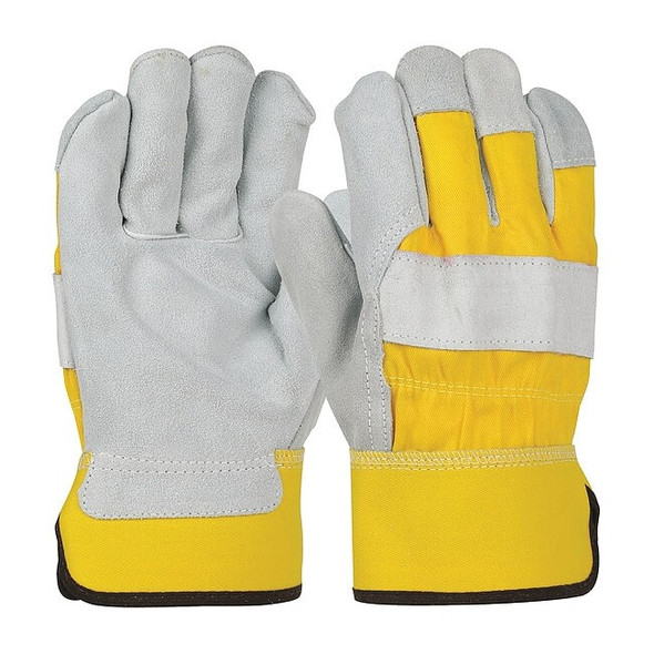 Leather Gloves, Cowhide, Safety Cuff, Wing Thumb, Full Finger, Yellow, M, 12 PK