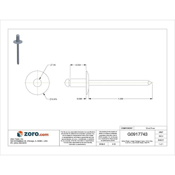 Stanley Engineered Fastening Blind Rivet,1/8 Dia,0.250 L,PK500 AD42ABSLF201