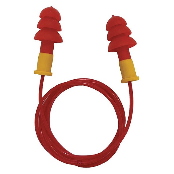 Reusable Corded Ear Plugs, Flanged Shape, NRR 27 dB, Red/Yellow, 100 Pairs