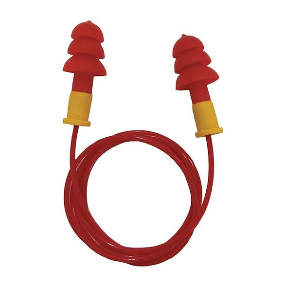 Reusable Corded Ear Plugs, Flanged Shape, NRR 27 dB, Red/Yellow, 100PK