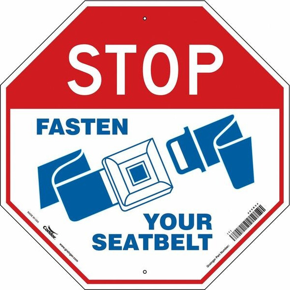 Condor Stop Fasten Seatbelt Sign, 24" W, 24" H, Aluminum, Red, White 485K54