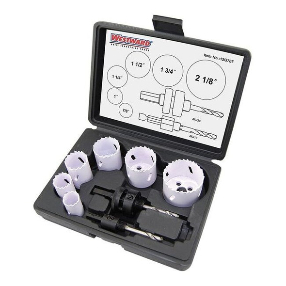 Westward Hole Saw Kit,8pcs,Sizes:0.875"-2.125" 12G707