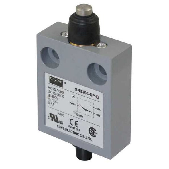 Limit Switch, Plunger, SPDT, 10A at 300V AC, Actuator Location: Top