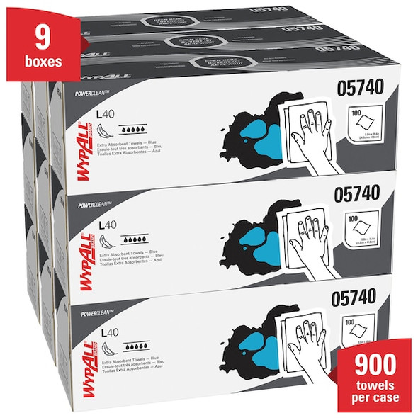 WypAll PowerClean L40 Extra Absorbent Towels (05740), Pop-Up Box, Limited Use Towels, Blue,PK9