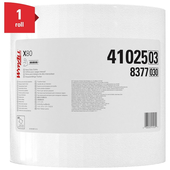 Wypall WypAll PowerClean X80 Heavy Duty Cloths (41025), Jumbo Roll, Extended Use Towels, White 41025