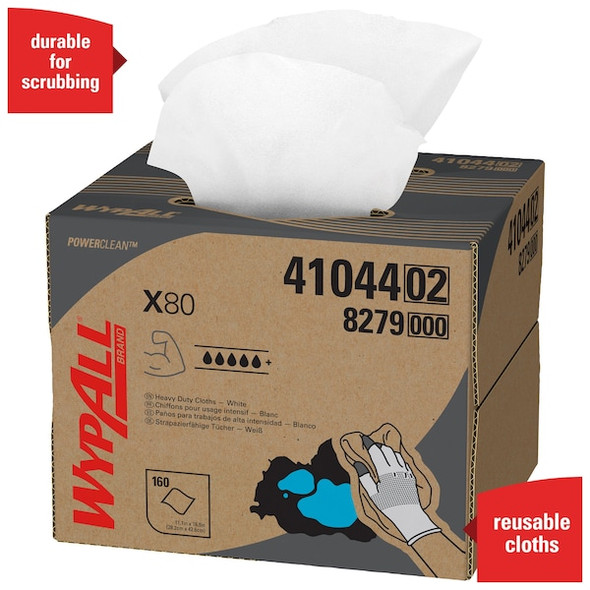 WypAll Power Clean X80 Heavy Duty Cloths (41044), Brag Box, White, 1 Box with 160 Sheets