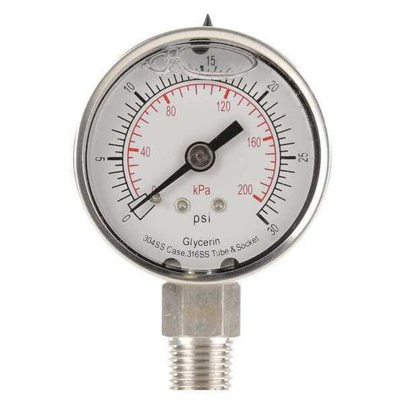 Commercial Pressure Gauge, 0 to 30 psi, 2 in Dial, 1/4 in NPT, Bottom Location