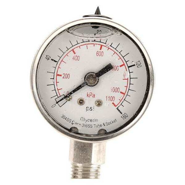 Commercial Pressure Gauge, 0 to 160 psi, 2 in Dial, 1/4 in NPT, Bottom Location