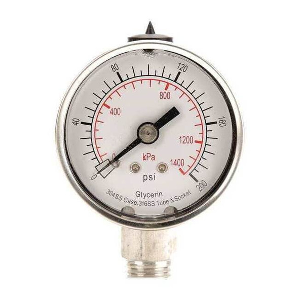 Commercial Pressure Gauge, 0 to 200 psi, 2 in Dial, 1/4 in NPT, Bottom Location