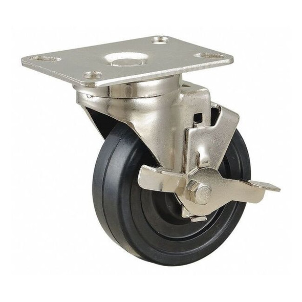 Swivel NSF-Listed Plate Caster w/Brake,Rubber,4in,200lb