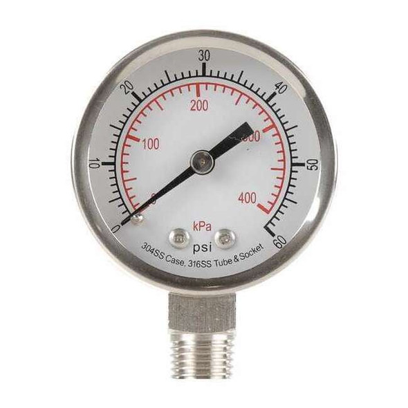 Commercial Pressure Gauge, 0 to 60 psi, 2 in Dial, 1/4 in NPT, Bottom Location
