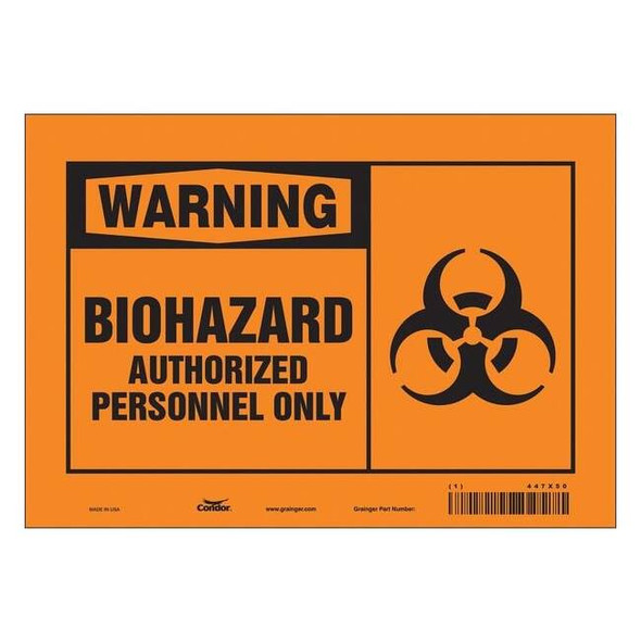 Biohazard Sign, 7 in H, 10 in W, Vinyl, Vertical Rectangle, English, 447X50