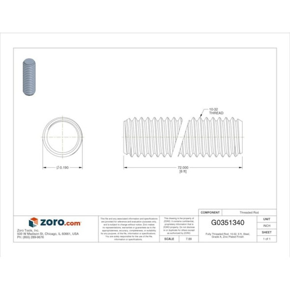 Fully Threaded Rod, 10-32, 6 ft, Steel, Grade A, Zinc Plated Finish  U20365.019.7200