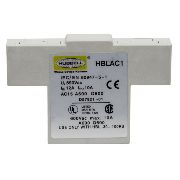 Hubbell Wiring Device-Kellems Auxiliary Contact, 100 A, 600V AC, Gray HBLAC1 Hubbell Wiring Device-Kellems Auxiliary Contact, 100 A, 600V AC, Gray HBLAC1