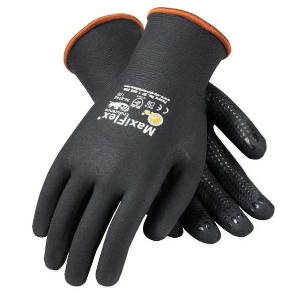 Pip Coated Gloves, Foam Nitrile, Dotted, Full, 2 Abrasion Level, Black, L (9) 12 PK 348745L