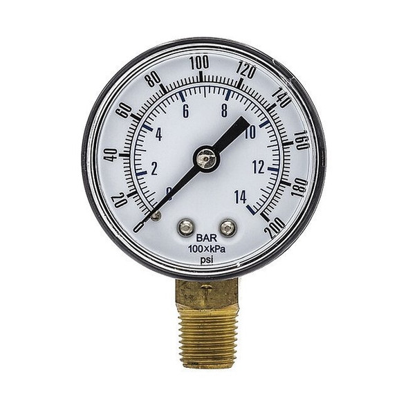 Industrial Pressure Gauge, 0 to 200 psi, 2 in Dial, 1/4 in BSPT, Bottom Location