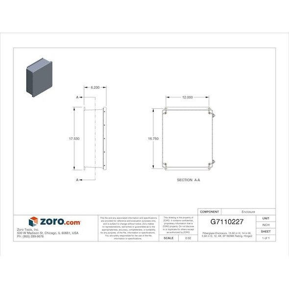 Padlockable Hasp Electrical Enclosures, 15.60 in H, 5.94 in D, 14 in W, 1, 12, 3R, 4X, 6P