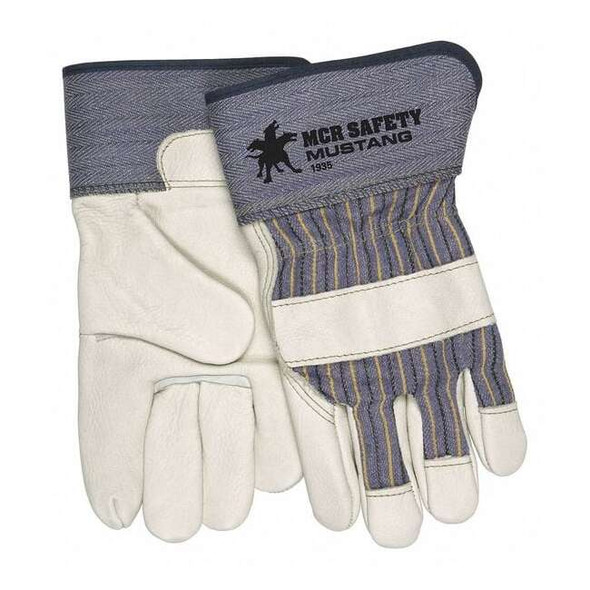 Leather Palm Gloves, Rubberized Safety Cuff, Wing Thumb, White, M, 1 PR