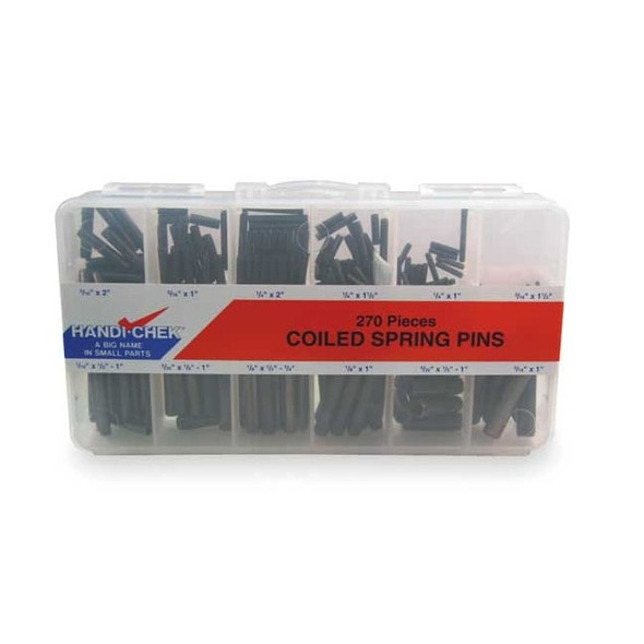 Coiled Spring Pin Assortment, Steel, Plain, 270 Pcs