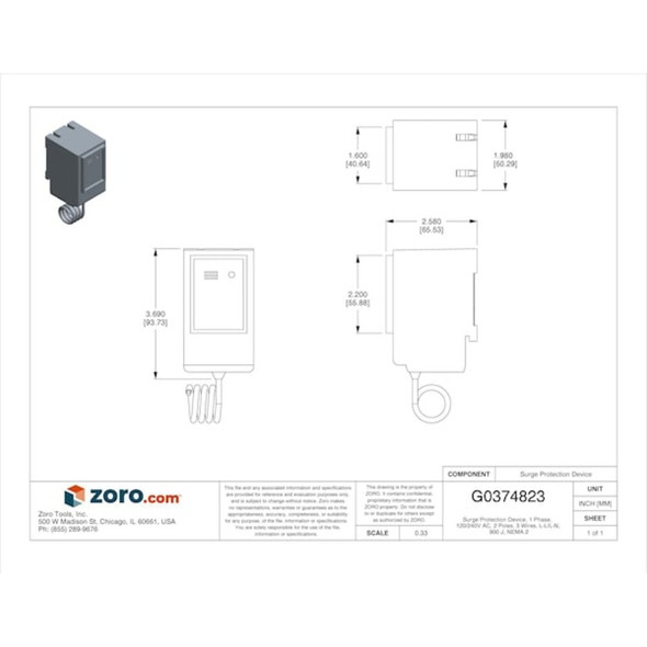Surge Protection Device, 1 Phase, 120/240V AC, 2 Poles, 3 Wires, L-L/L-N, 900 J, NEMA 2