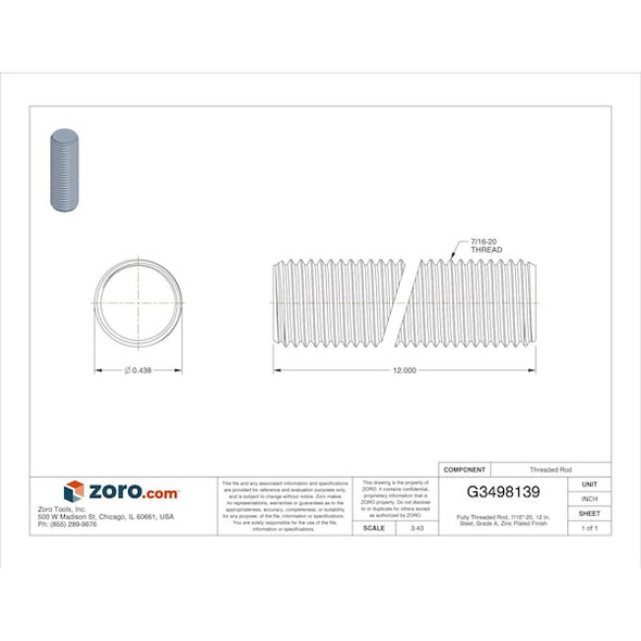Fully Threaded Rod, 7/16"-20, 12 in, Steel, Grade A, Zinc Plated Finish