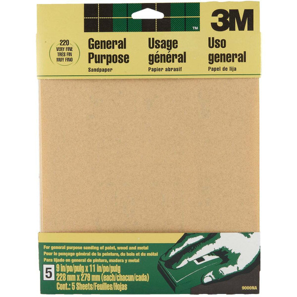 3M 9 In. x 11 In. General Purpose Very Fine Sandpaper, 220 Grit (5-Pack) 9000NA