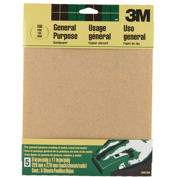3M 9 In. x 11 In. General Purpose Fine Sandpaper, 150 Grit (5-Pack) 9001NA
