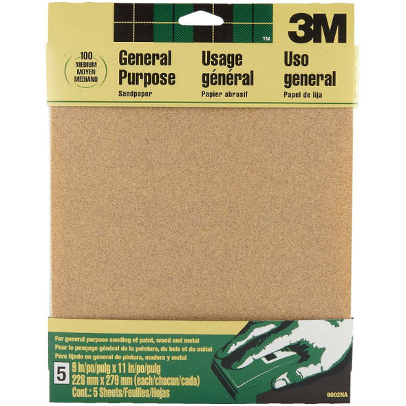 3M 9 In. x 11 In. General Purpose Medium Sandpaper, 100 Grit (5-Pack) 9002NA
