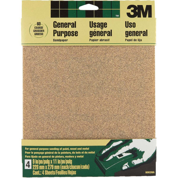 3M 9 In. x 11 In. General Purpose Coarse Sandpaper, 60 Grit (4-Pack) 9003NA