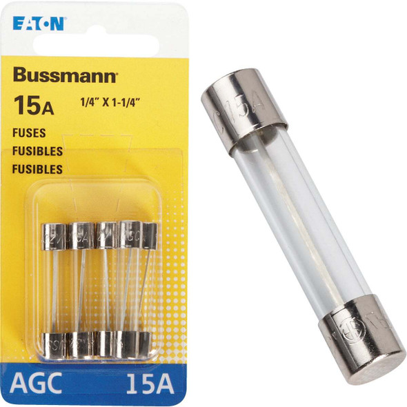 Bussmann 15A 32V AGC Glass Tube Automotive Fuse (5-Pack) BP/AGC-15-RP