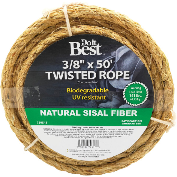 Do it Best 3/8 In. x 50 Ft. Natural Twisted Sisal Fiber Packaged Rope 739543