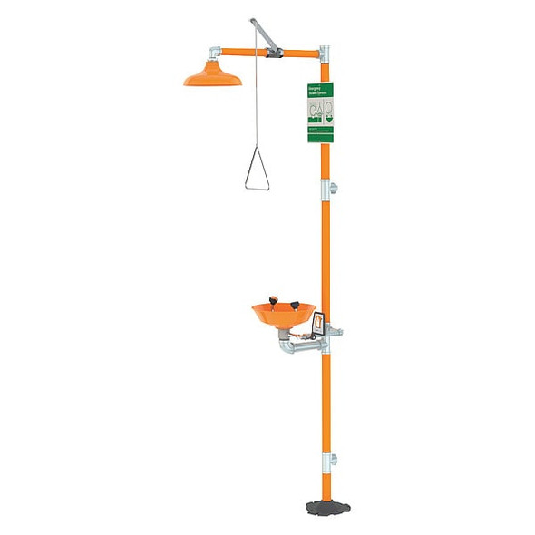 Shower with Eyewash, Floor Mount, Galvanized Steel Pipe, 94 3/4 in H, Stainless Steel Bowl, Orange