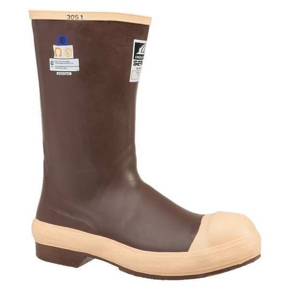 Men's Rubber Boot, Steel Toe, Neoprene Latex Upper, Neoprene Outsole, Pull On, Brown, 10 D
