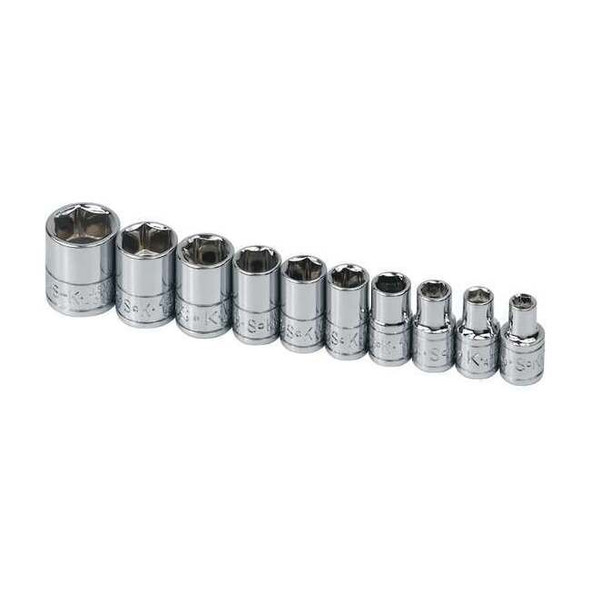 1/4" Drive Socket Set, SAE, 3/16 in to 9/16 in, Chrome, 6-Point, 10-Pieces
