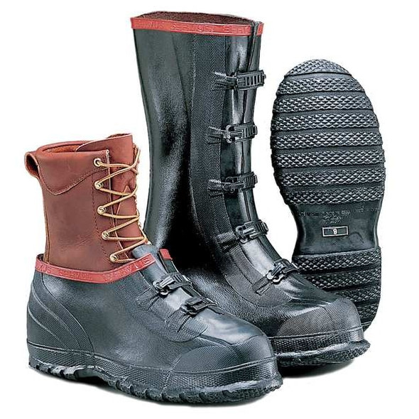 Overboots, Plain Toe, Natural Rubber, 5 in Height, Buckles Closure, Ribbed Sole, Black/Red, 9