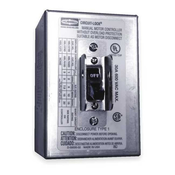Manual Motor Switch, 30 A, 2 P, 1 Phase, Toggle, Circuit-Lock Series, NEMA 1