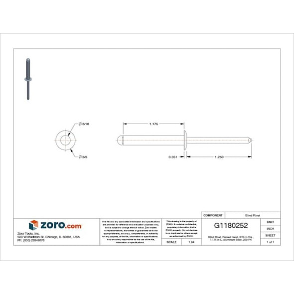 Blind Rivet, Dome Head, 3-16 in Dia., 1-11-64 in L, Aluminum Body, 250 PK  AD616ABS200