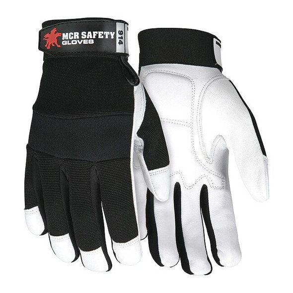 914 Mechanics Gloves, Goatskin Palm, Spandex Back, M, Black/White