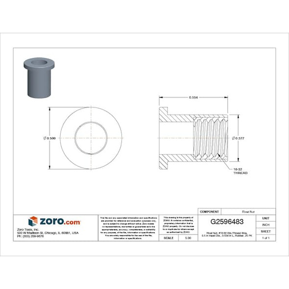 Rivet Nut, #10-32 Thrd Sz, 0.554 in L, Rubber, Protective Powder, 25 PK