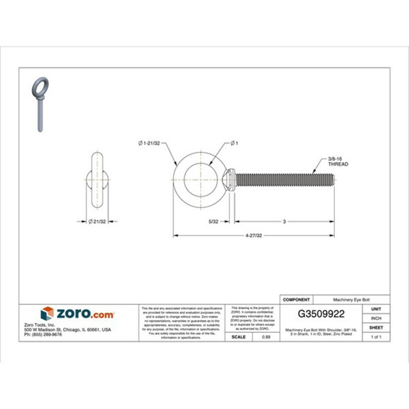 Eye Bolt With Shoulder, 3-8"-16, 3 in Shank, 1 in ID, Steel, Zinc Plated  K2023-3-ZN