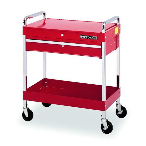 WESTWARD Tool Utility Cart, 1-Drawer, Gloss Red, Keyed, 30"W x 16" D x 35" H