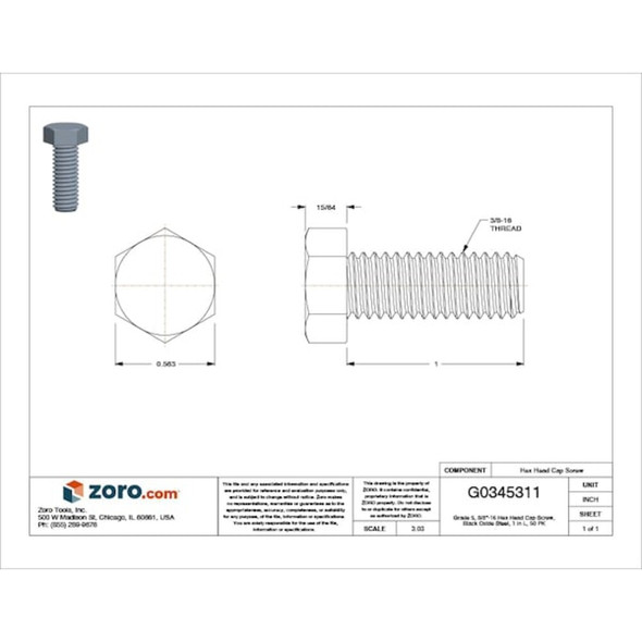 Grade 5, 3-8"-16 Hex Head Cap Screw, Black Oxide Steel, 1 in L, 50 PK  N01000.037.0100