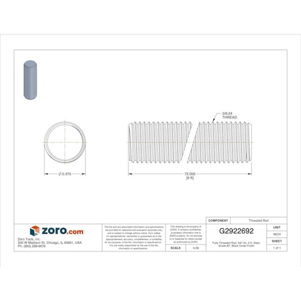 Fully Threaded Rod, 3-8"-24, 6 ft, Steel, Grade B7, Black Oxide Finish  U22170.037.7200